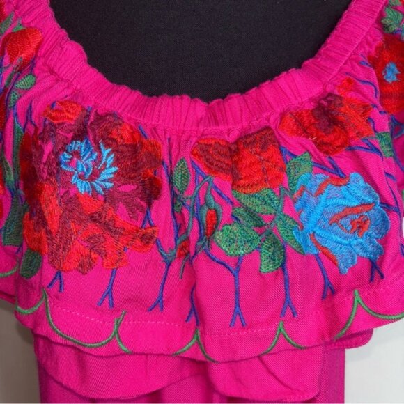 Umgee Women’s Large Vibrant Pink Ruffled Dress Floral Embroidery FLAWED - Picture 4 of 10